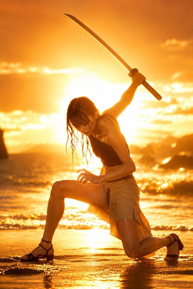 日落海滩武士姿势