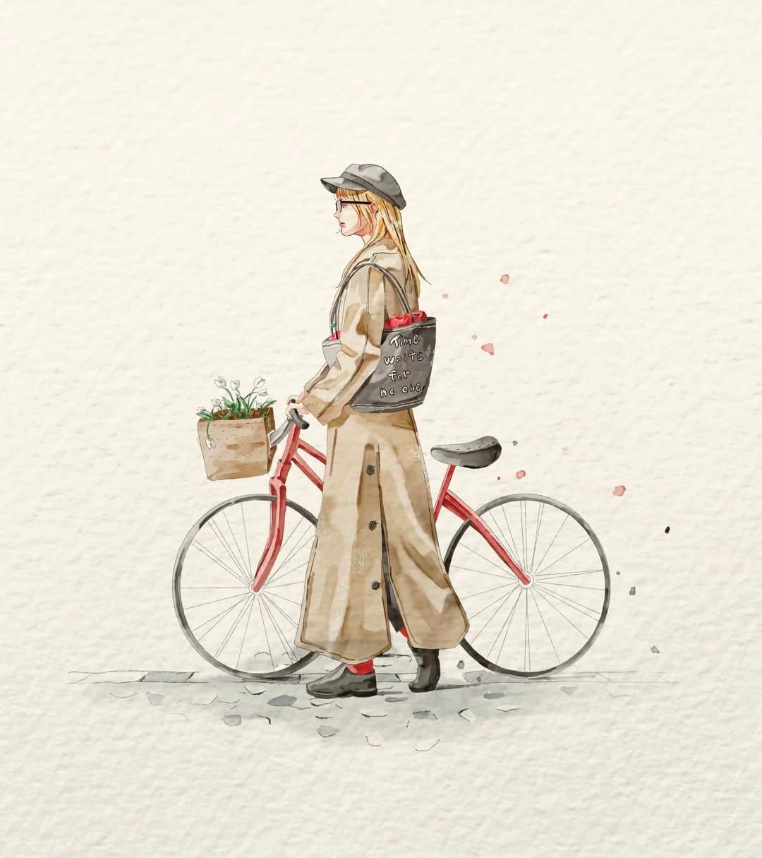 水彩时尚插画:自行车少女