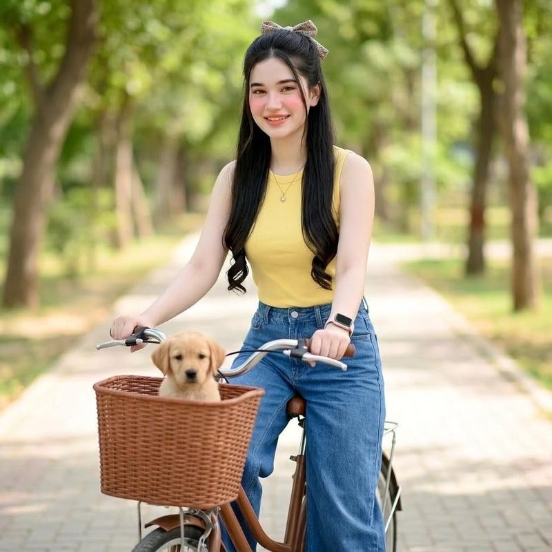 女子在公园骑行遛狗
