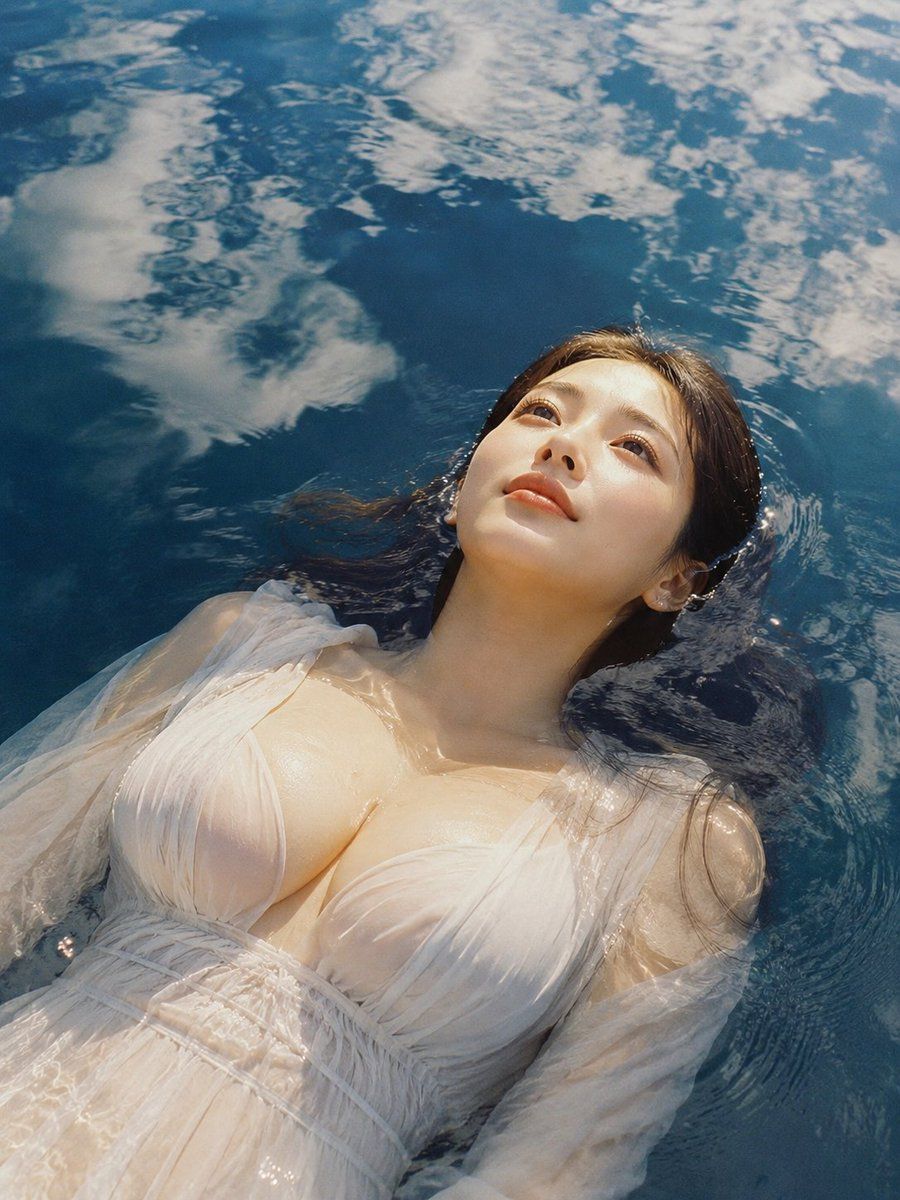 漂浮在反光水面上的女性