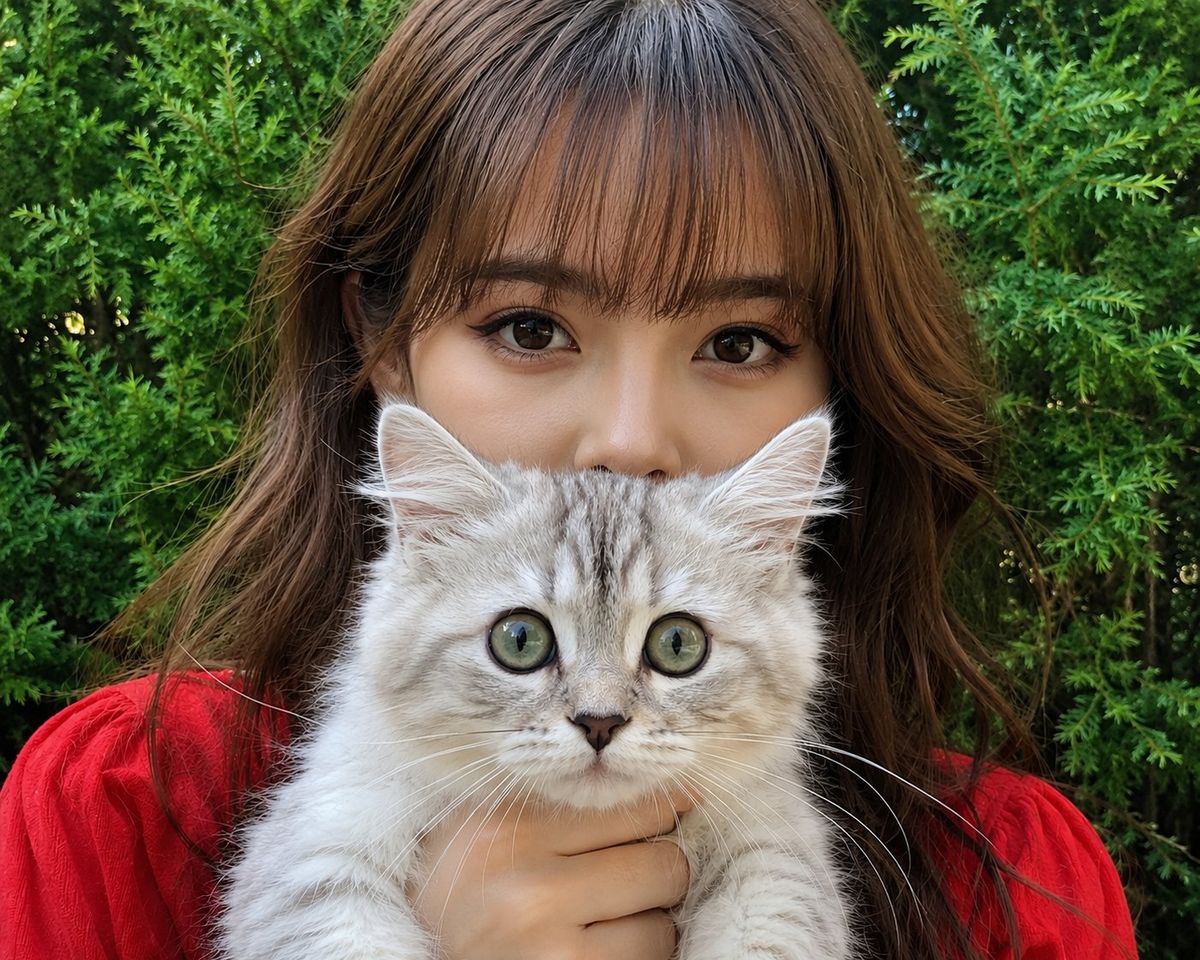 女子与小猫特写