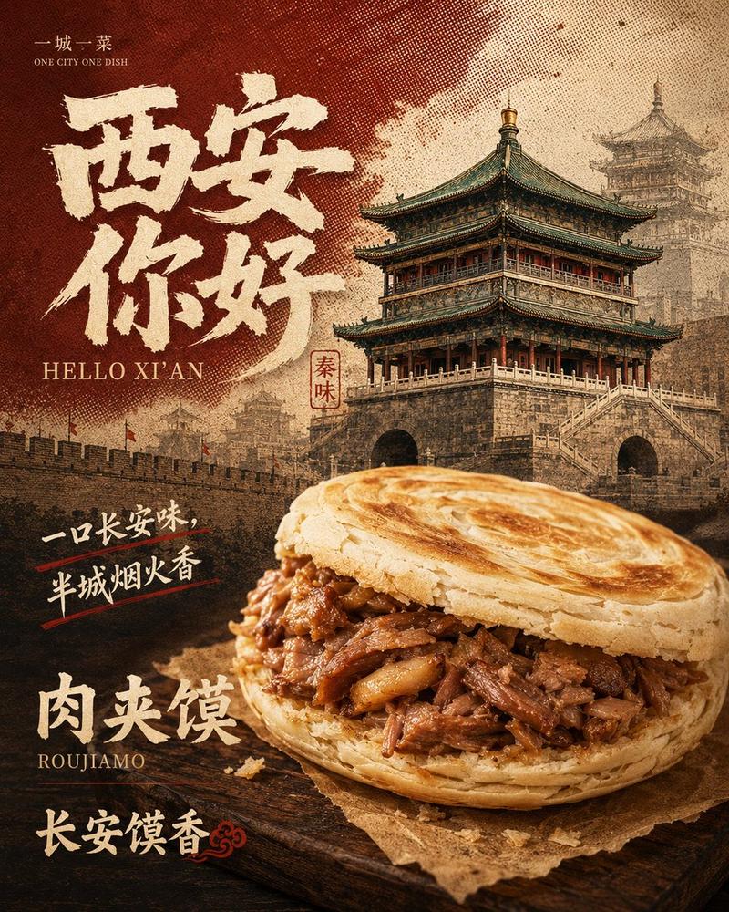复古西安肉夹馍美食海报